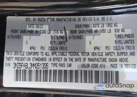 2021 Mazda Mazda3 Select from USA, damaged, VIN 3MZBPABL3MM251306